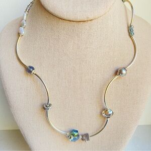 Desert Heart silvertone necklace with curved bars glass pearls and crystal
